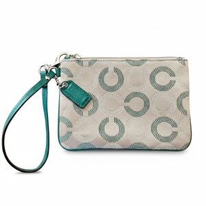 Coach Ashley “Dot Op Art” Monogram Wristlet with Leather Trim in Khaki and Teal